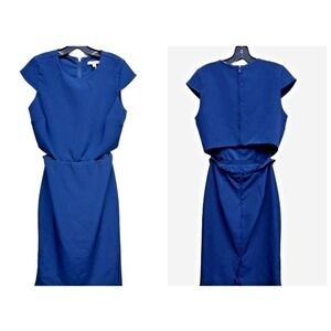 Eva Mendes Dress 6 Navy Blue Cap Sleeves Open Back Midi Length Back Zip Lined